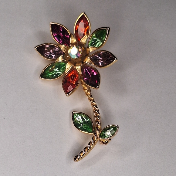 Vintage GRAZIANO Large Colorful Flower Brooch Pin 3" Uranium Glass Gold Tone - Picture 13 of 13